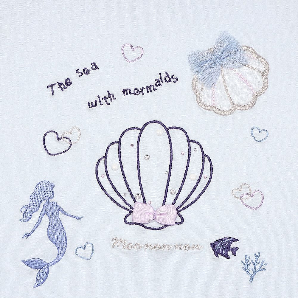 貝殻＆マーメイド刺繍 シフォン切り替えショート丈Tシャツ Blue Design point 1