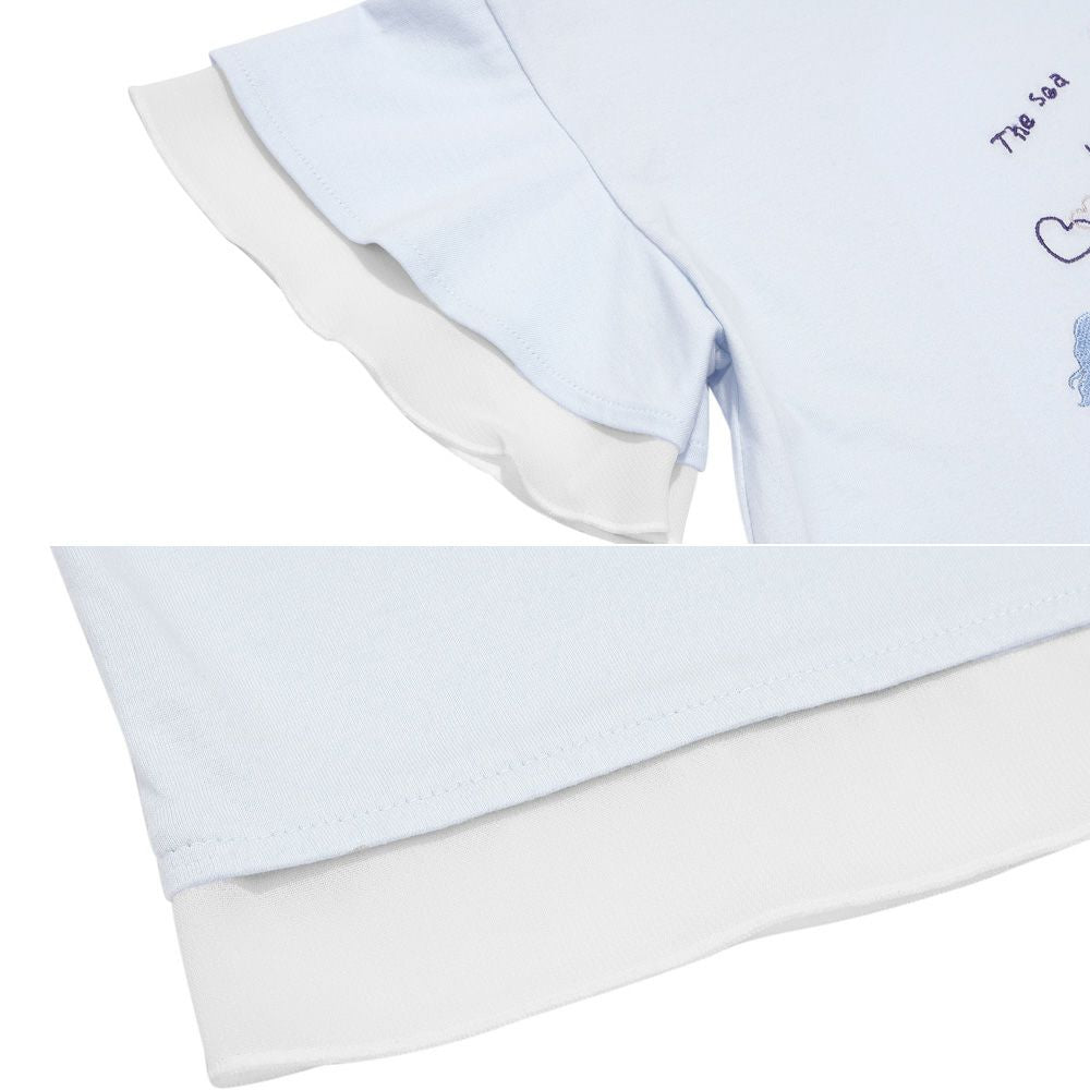 貝殻＆マーメイド刺繍 シフォン切り替えショート丈Tシャツ Blue Design point 2
