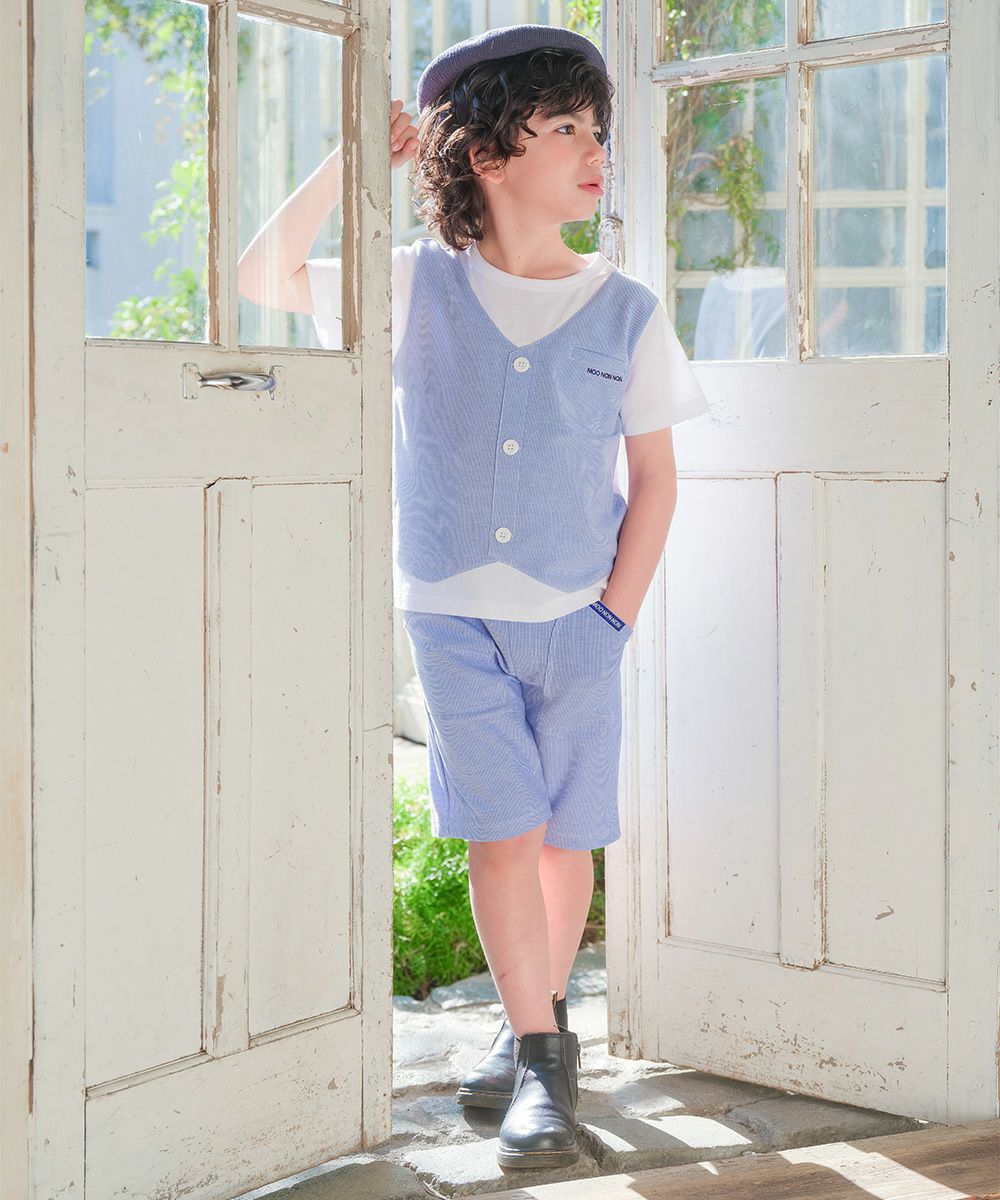 ストライプ柄ベスト切り替え 重ね着風Tシャツ Blue model image whole body