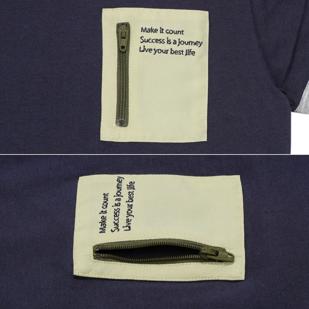 綿100％ ロゴ刺繍ポケットつきTシャツ Navy Design point 1
