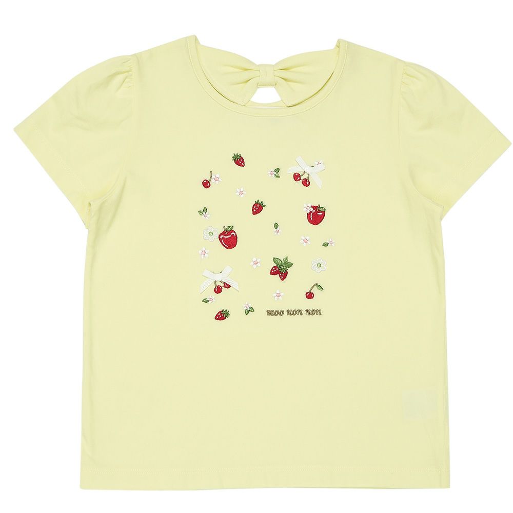 綿100％ リボン チェリー刺繍Tシャツ Yellow front
