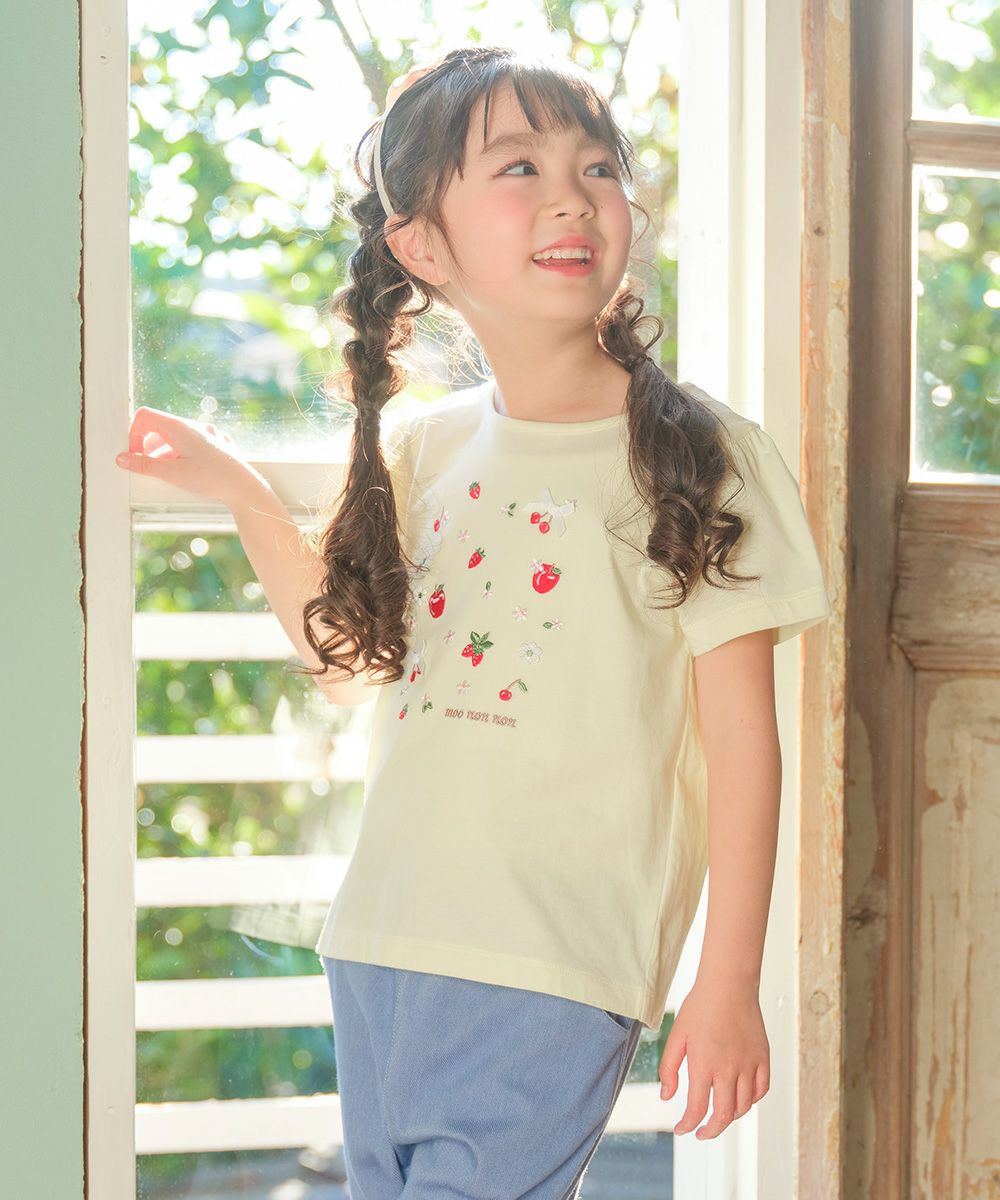 綿100％ リボン チェリー刺繍Tシャツ Yellow model image 1