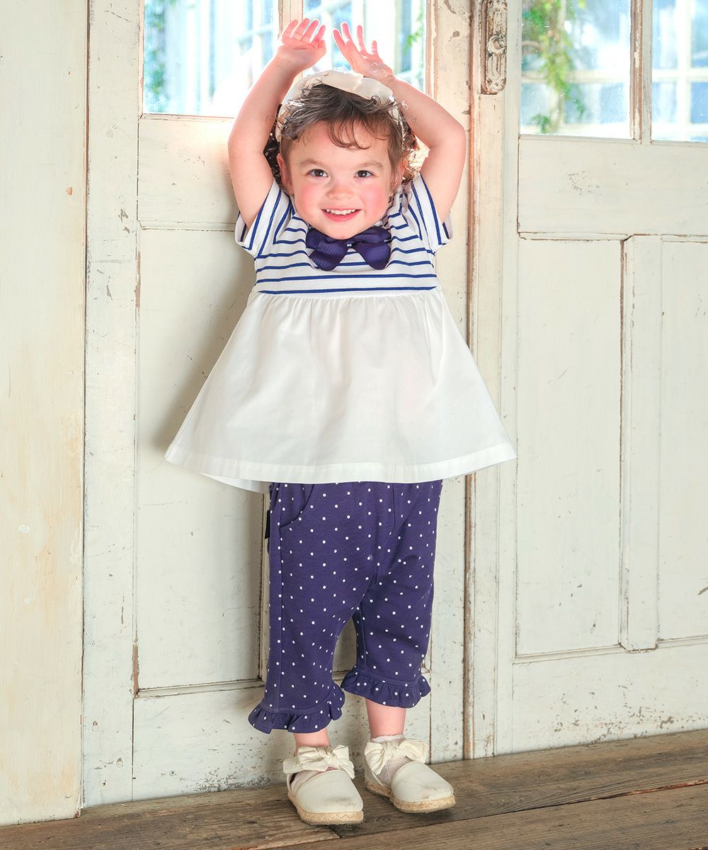 オーガニックコットン ドット柄 フリル 6分丈パンツ Navy model image up