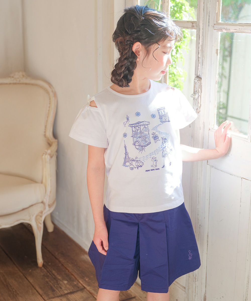 ストレッチツイル 音符刺繍 プリーツ キュロットパンツ Navy model image up