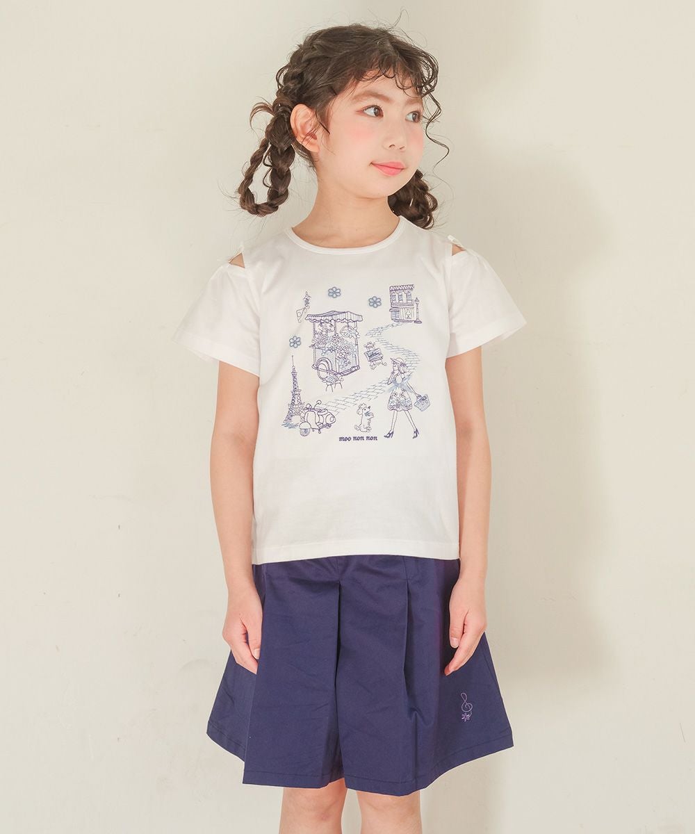 ストレッチツイル 音符刺繍 プリーツ キュロットパンツ Navy model image whole body