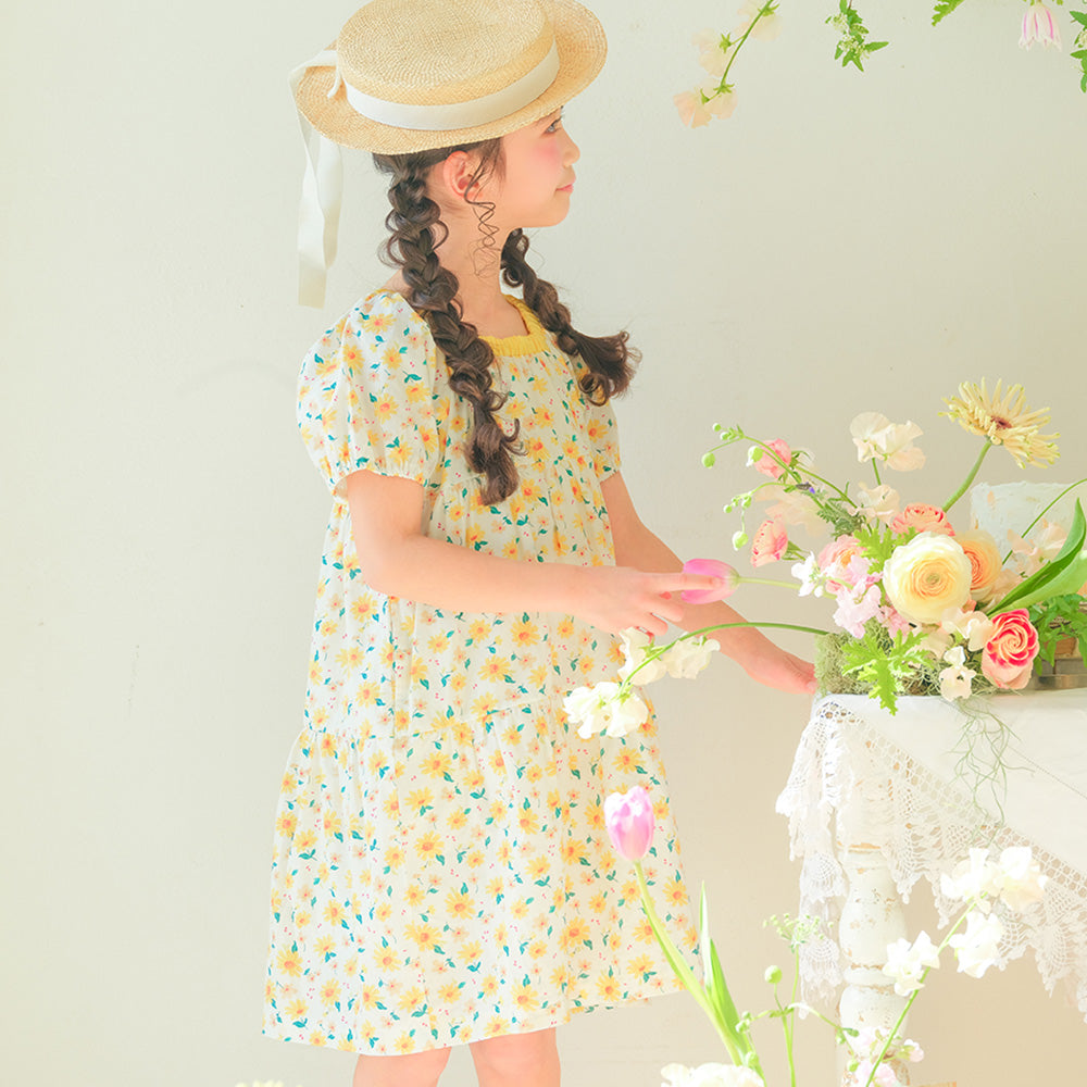 花柄 スクエアネック ギャザーワンピース  MainImage