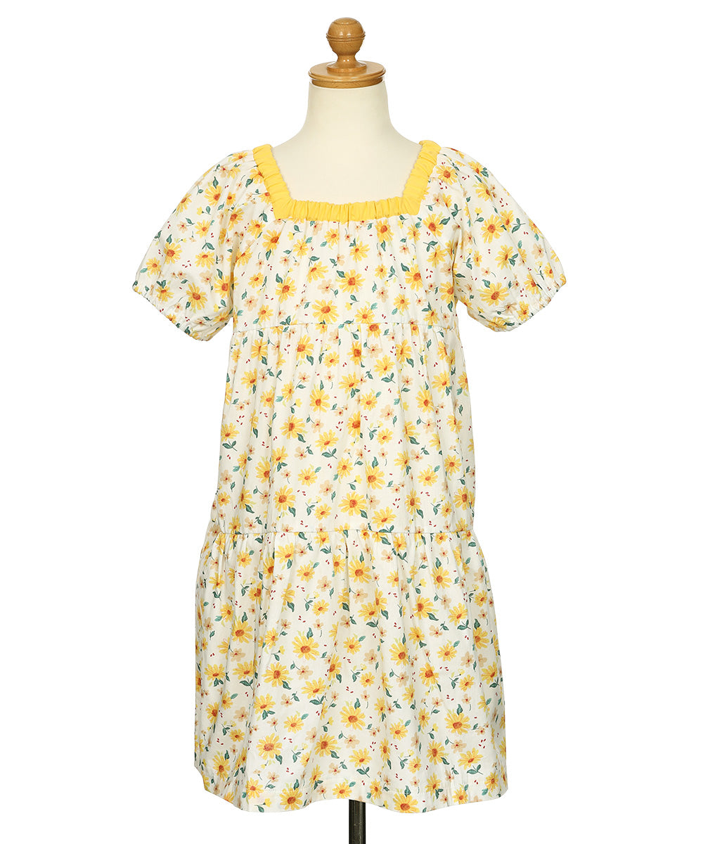 花柄 スクエアネック ギャザーワンピース Yellow torso