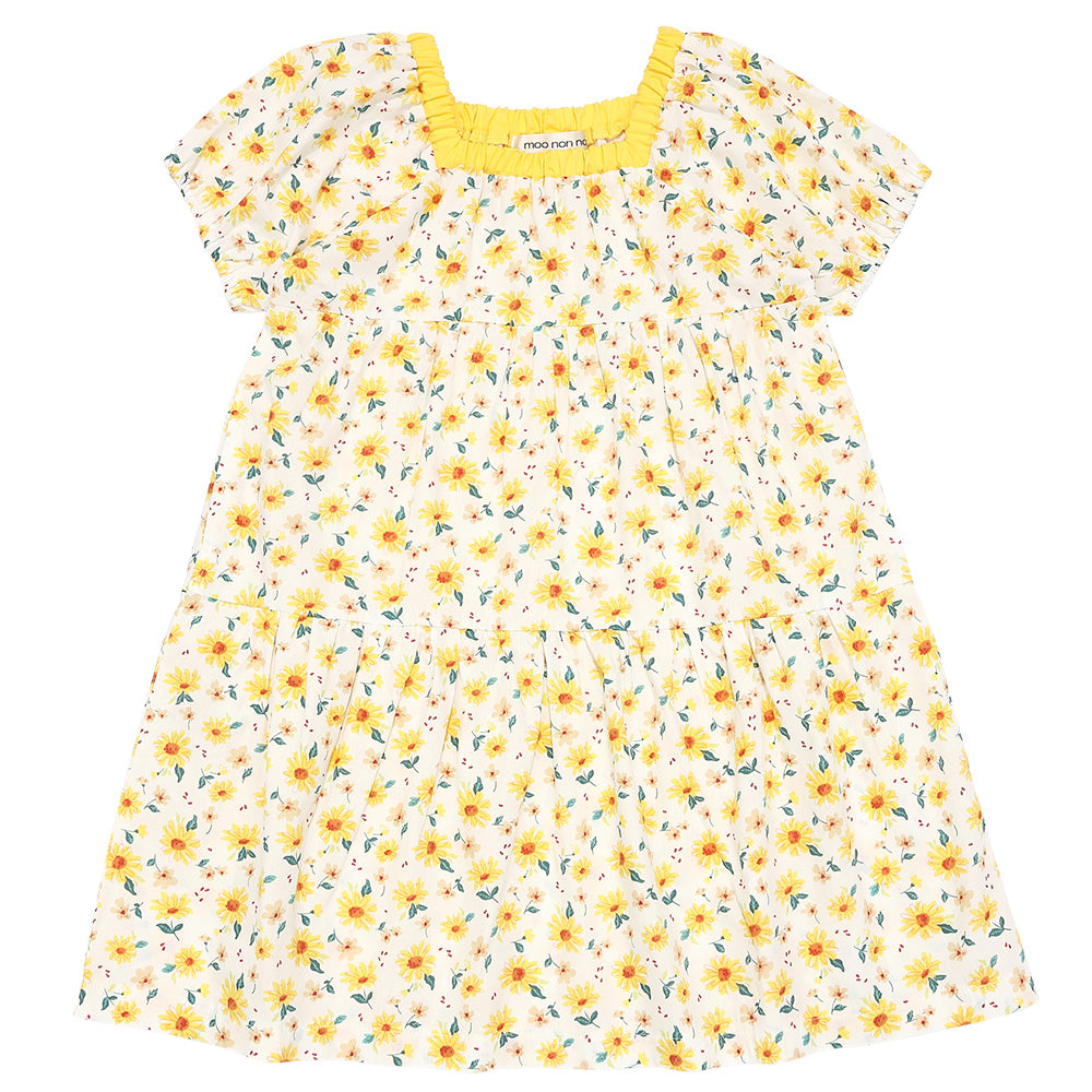 花柄 スクエアネック ギャザーワンピース Yellow front