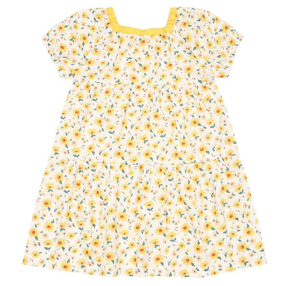 花柄 スクエアネック ギャザーワンピース Yellow back