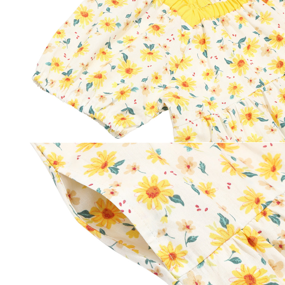 花柄 スクエアネック ギャザーワンピース Yellow Design point 2