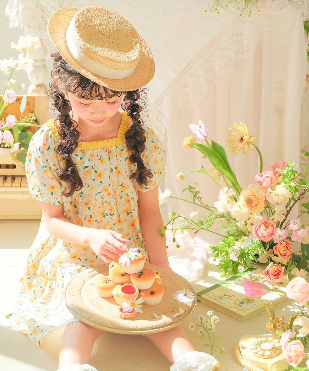 花柄 スクエアネック ギャザーワンピース Yellow model image up