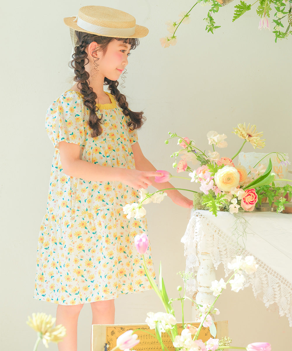 花柄 スクエアネック ギャザーワンピース Yellow model image 2