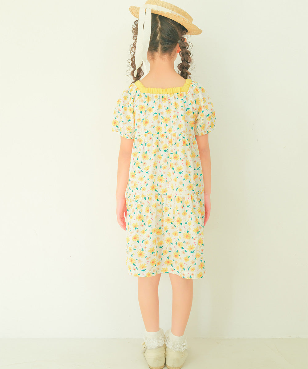 花柄 スクエアネック ギャザーワンピース Yellow model image 4