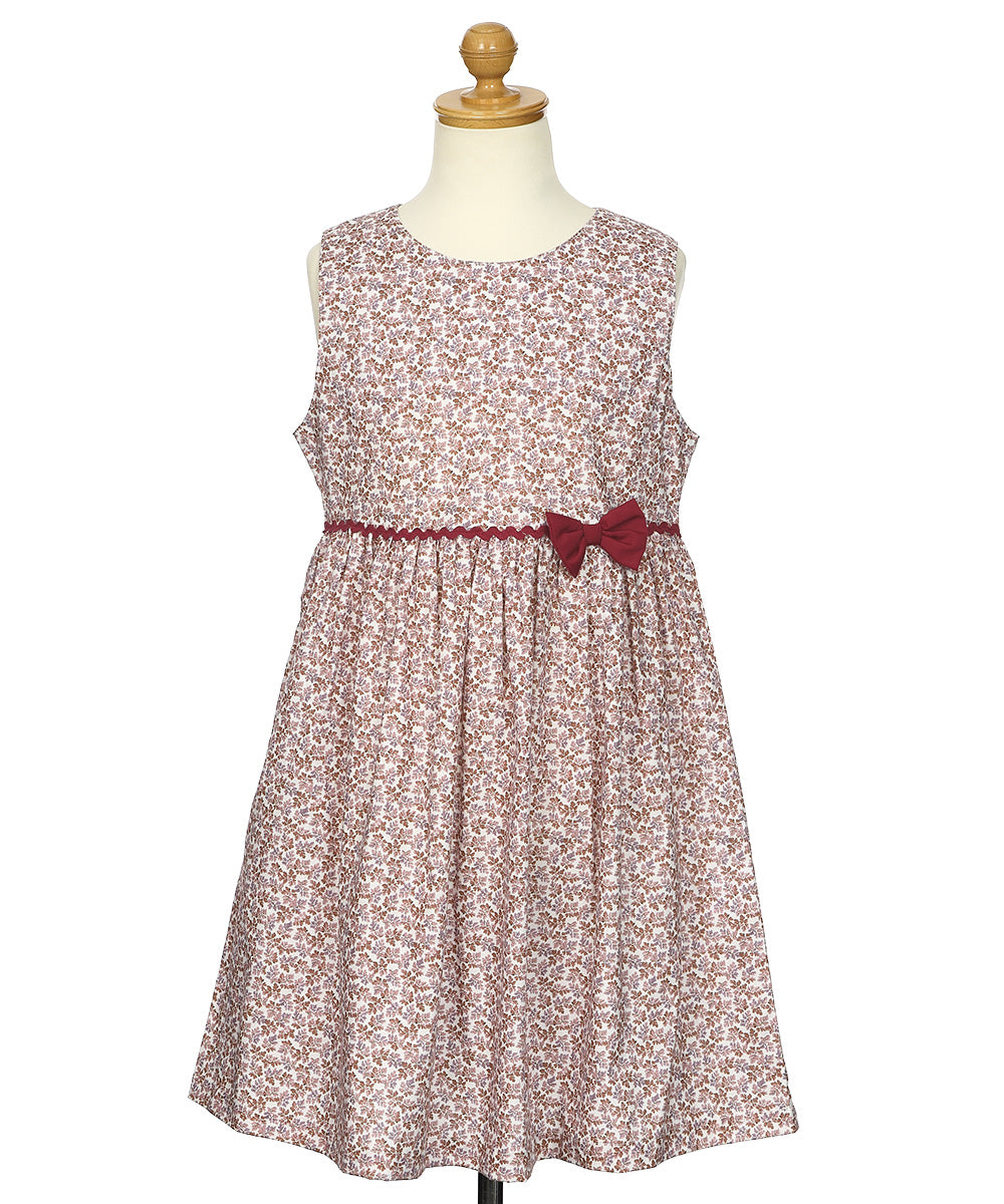 綿100％ 小花柄 リボン ギャザーワンピース Pink torso