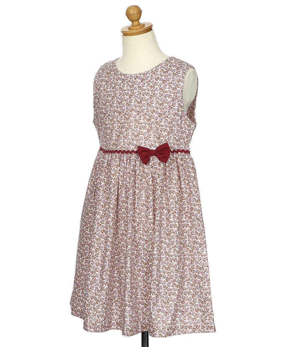 綿100％ 小花柄 リボン ギャザーワンピース Pink torso