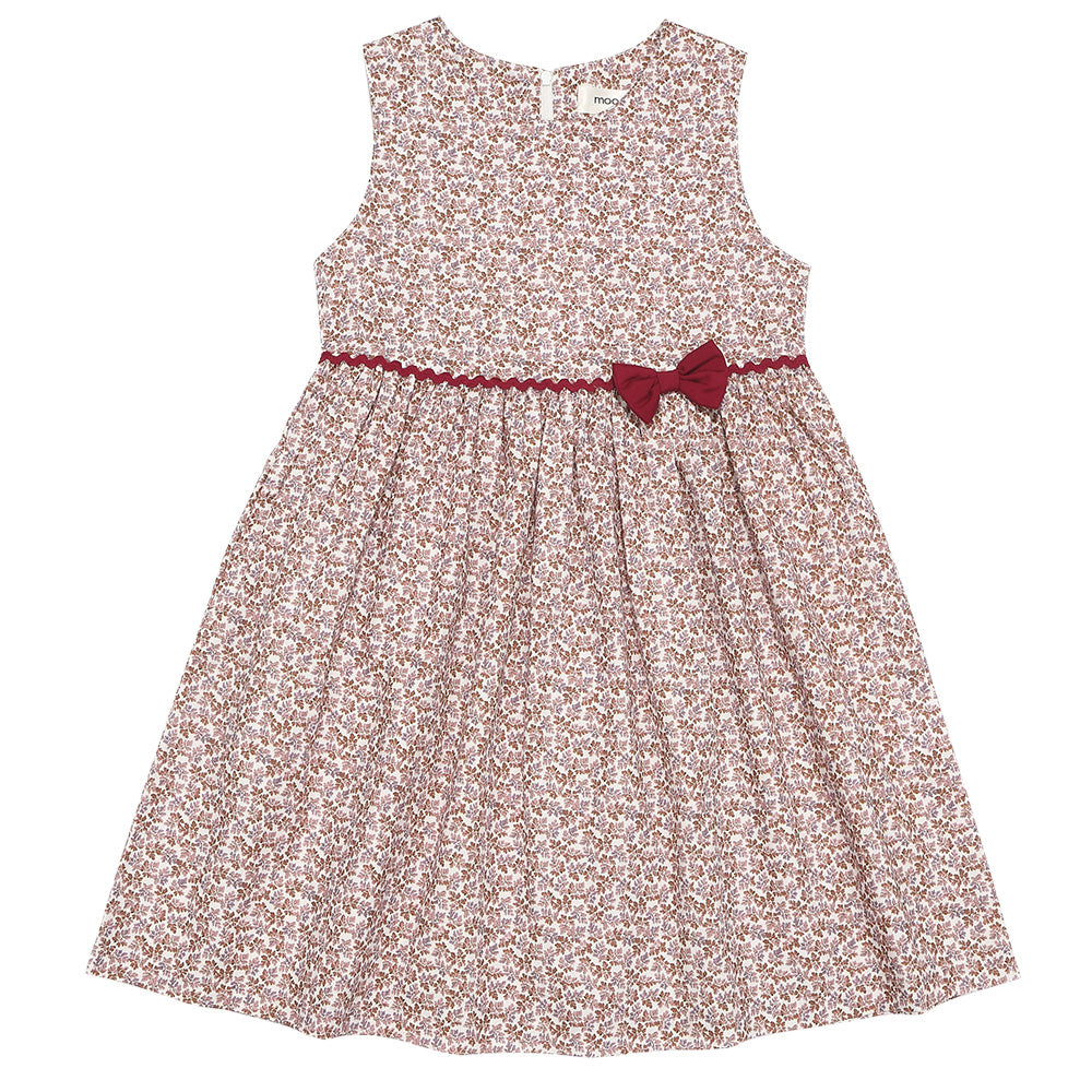 綿100％ 小花柄 リボン ギャザーワンピース Pink front