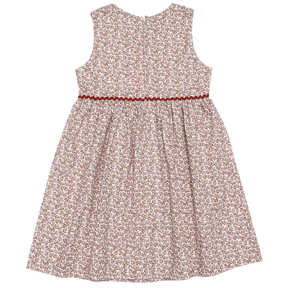 綿100％ 小花柄 リボン ギャザーワンピース Pink back