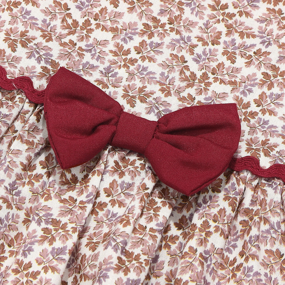 綿100％ 小花柄 リボン ギャザーワンピース Pink Design point 1