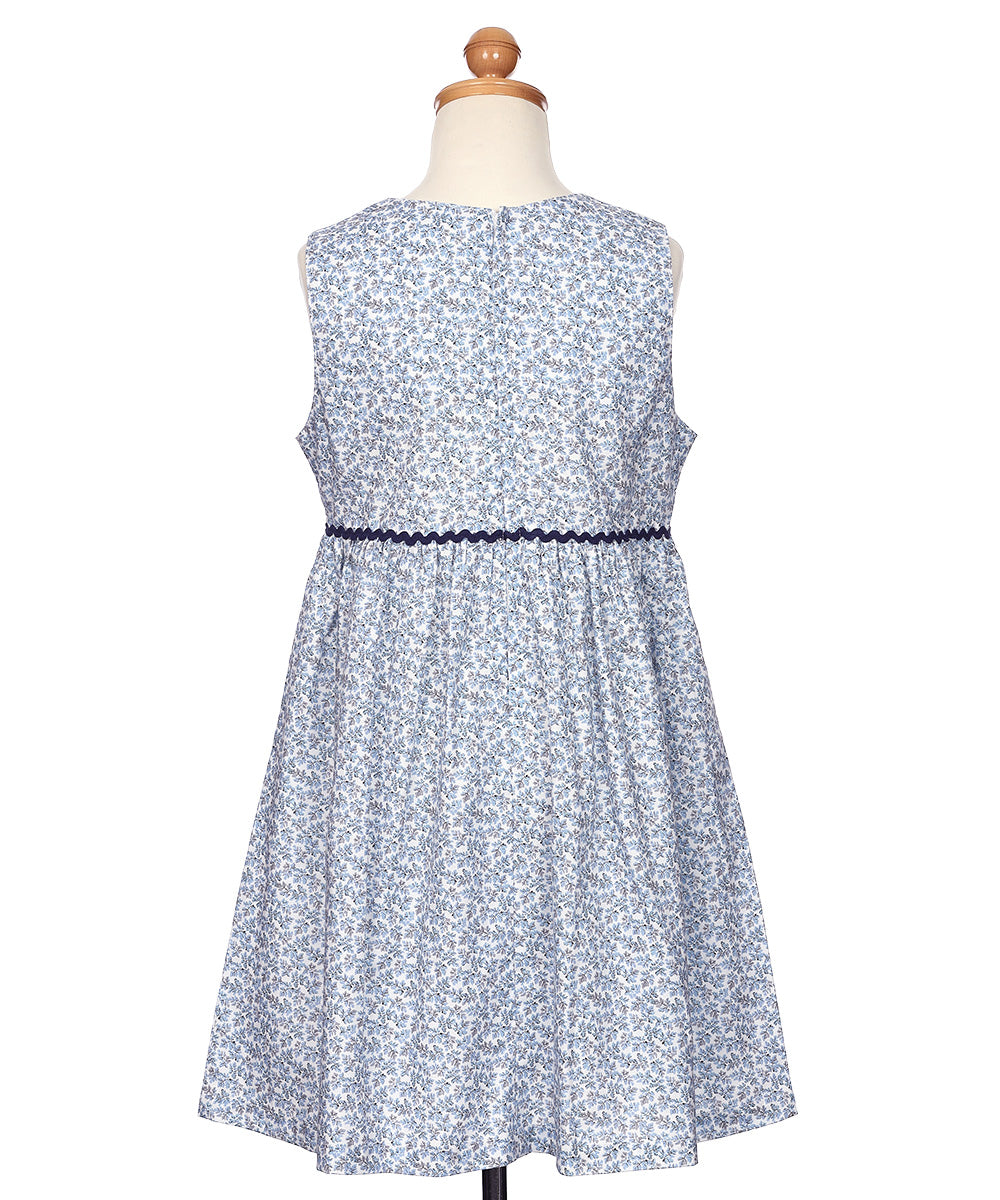 綿100％ 小花柄 リボン ギャザーワンピース Blue torso