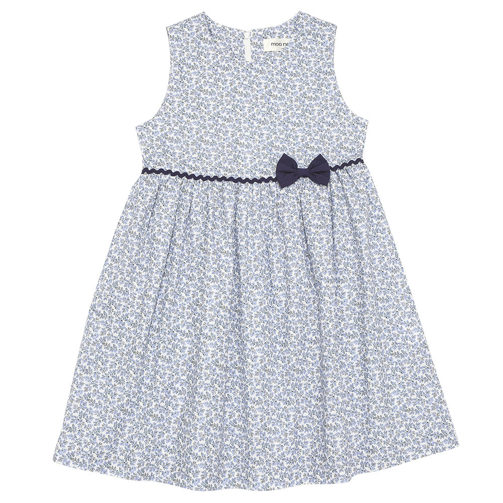 綿100％ 小花柄 リボン ギャザーワンピース Blue front
