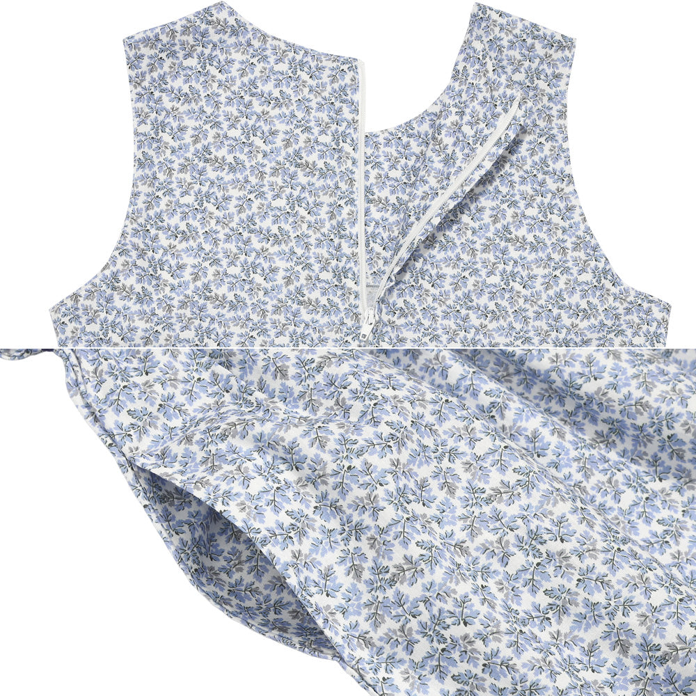 綿100％ 小花柄 リボン ギャザーワンピース Blue Design point 2