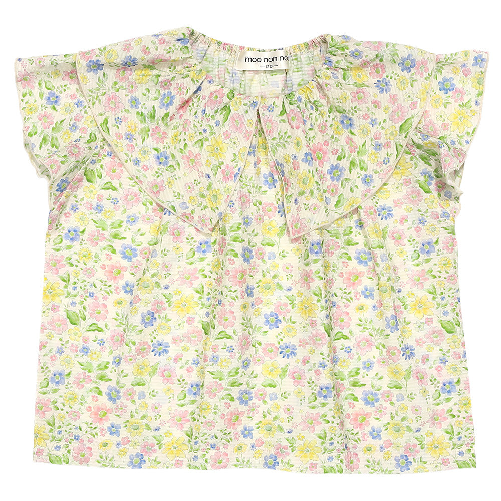 花柄 フリル 襟つき 薄手ブラウス Yellow front