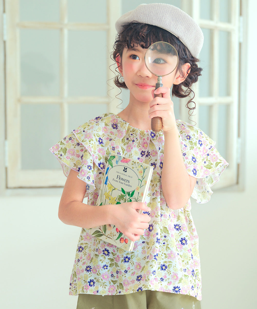 花柄 フリル 襟つき 薄手ブラウス Purple model image 1