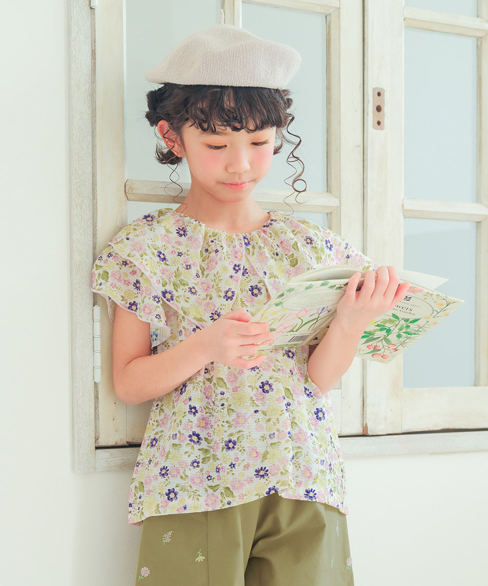 花柄 フリル 襟つき 薄手ブラウス Purple model image 3