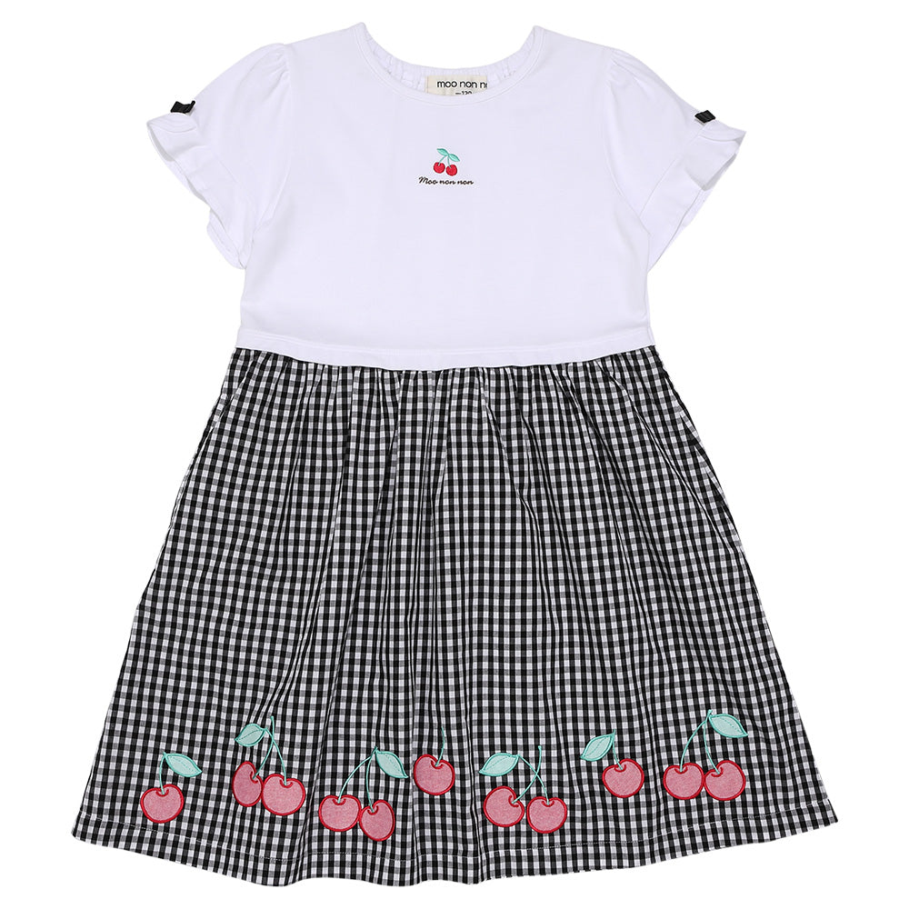 チェリー刺? ギンガムチェック柄 ドッキングワンピース Black front
