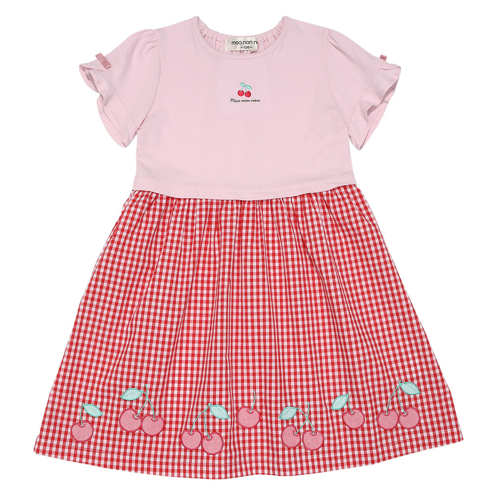 チェリー刺? ギンガムチェック柄 ドッキングワンピース Red front