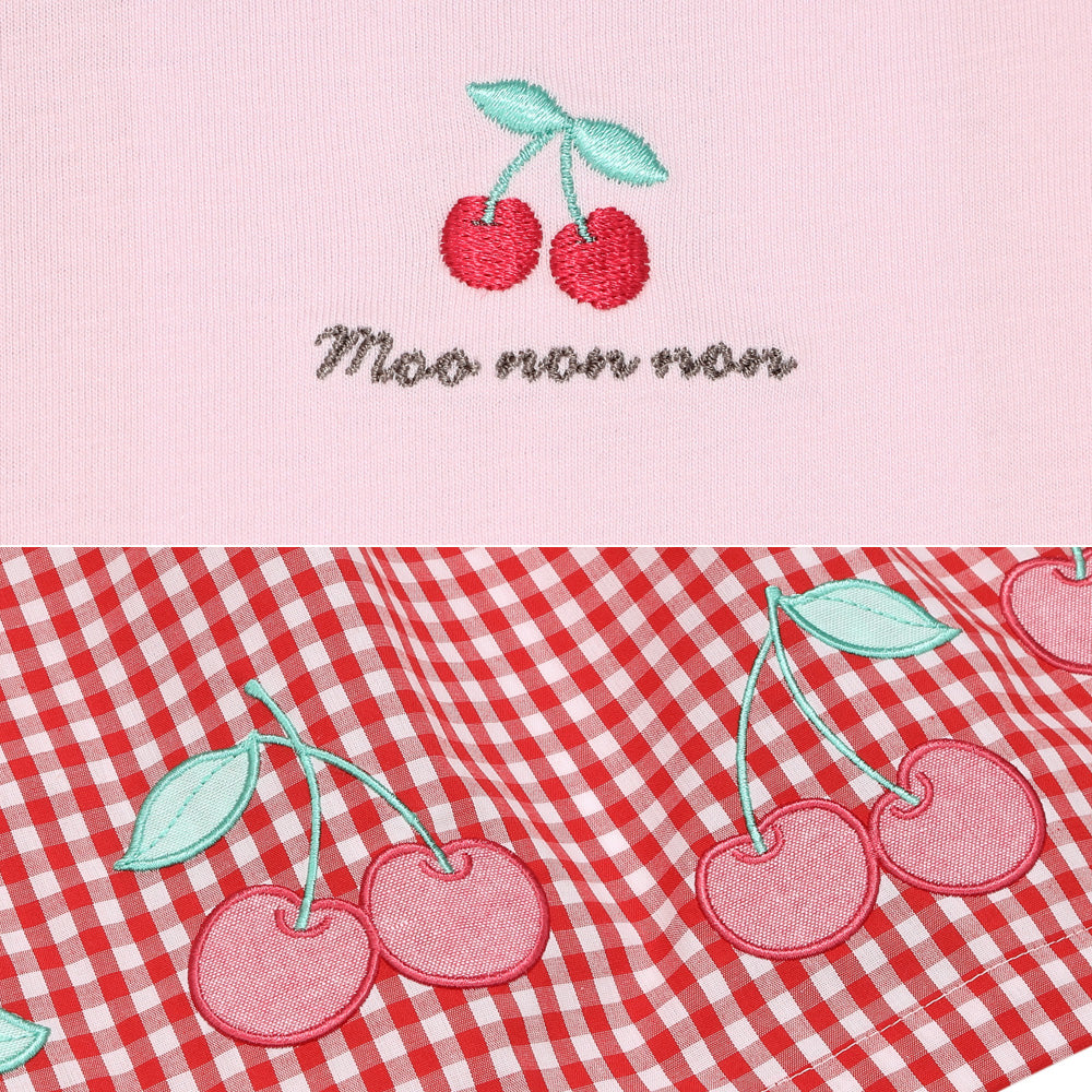 チェリー刺? ギンガムチェック柄 ドッキングワンピース Red Design point 1