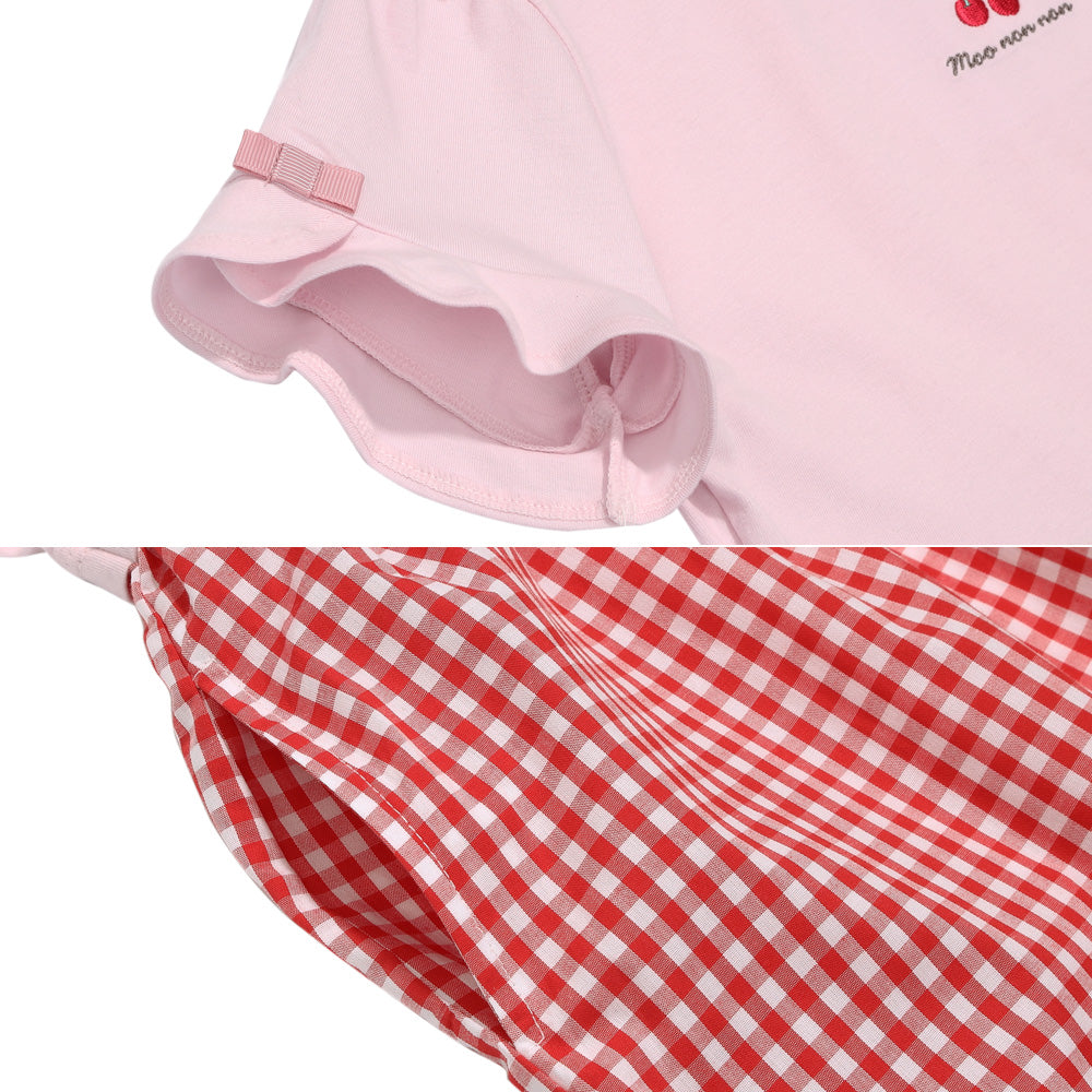 チェリー刺? ギンガムチェック柄 ドッキングワンピース Red Design point 2