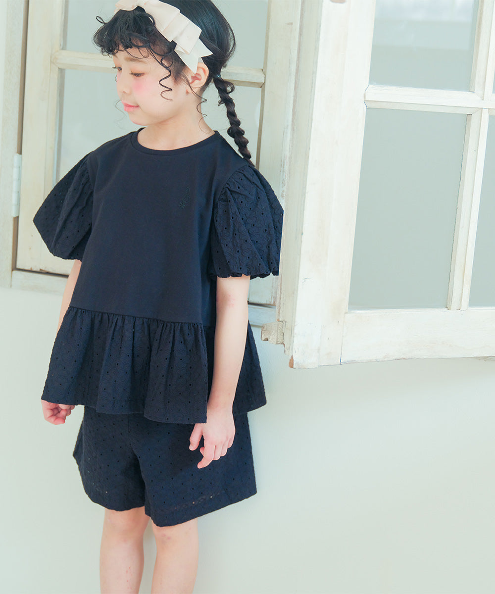 花柄 レース リボン 裏地つきショートパンツ Black model image 1