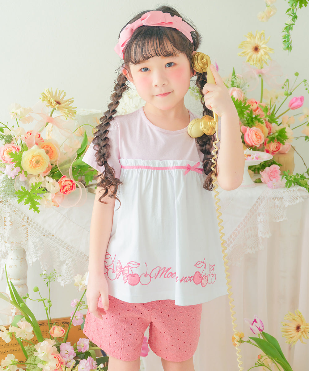 花柄 レース リボン 裏地つきショートパンツ Pink model image 1