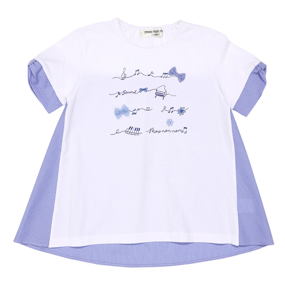 ピアノ＆音符プリント ストライプ切り替えTシャツ Off White front
