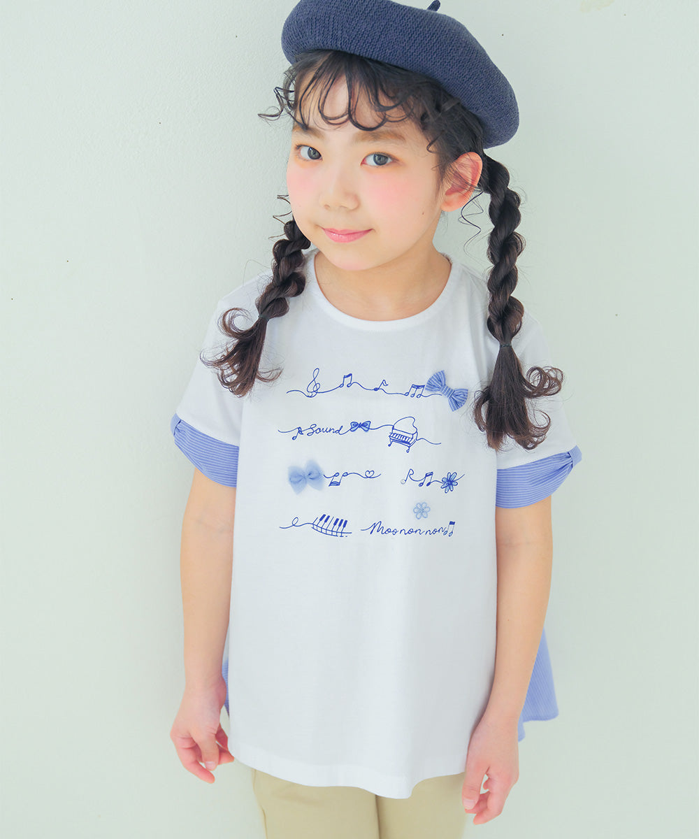 ピアノ＆音符プリント ストライプ切り替えTシャツ Off White model image up