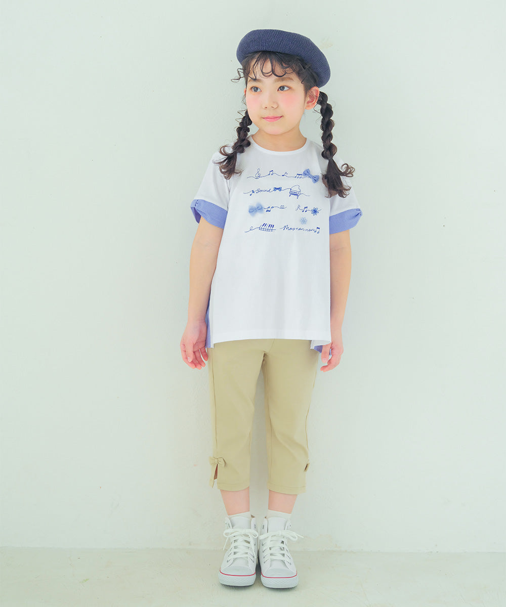 ピアノ＆音符プリント ストライプ切り替えTシャツ Off White model image whole body