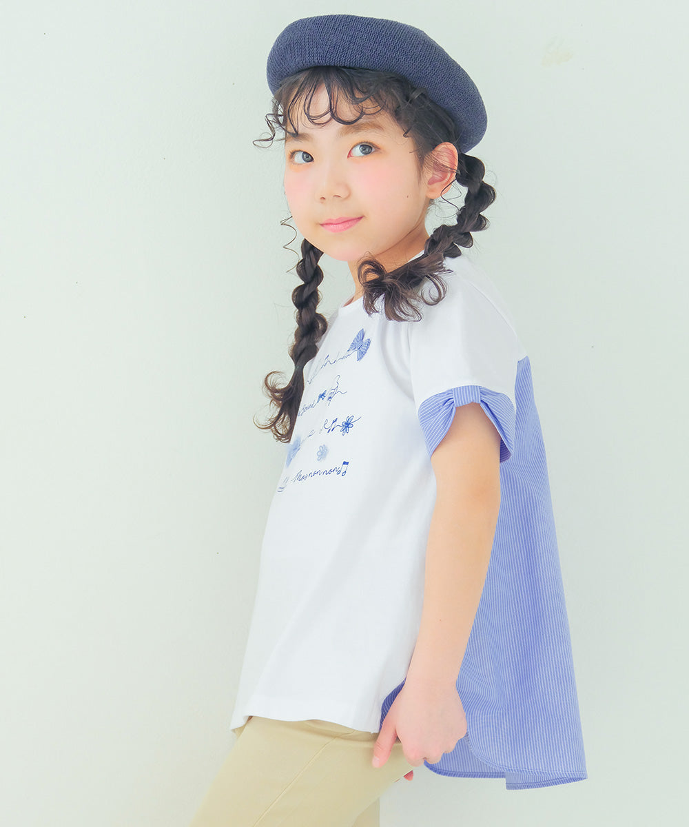 ピアノ＆音符プリント ストライプ切り替えTシャツ Off White model image 1