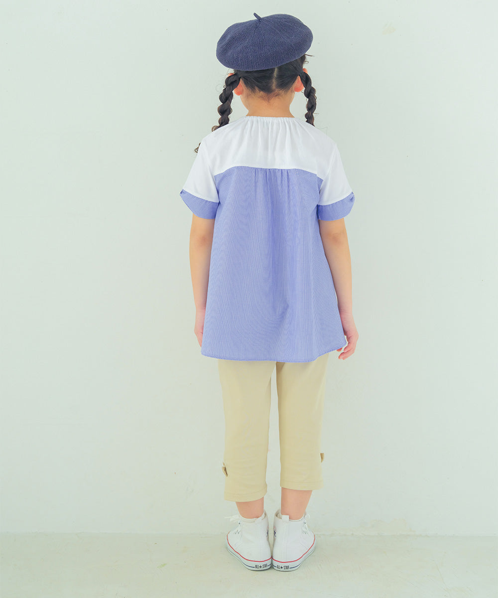 ピアノ＆音符プリント ストライプ切り替えTシャツ Off White model image 2