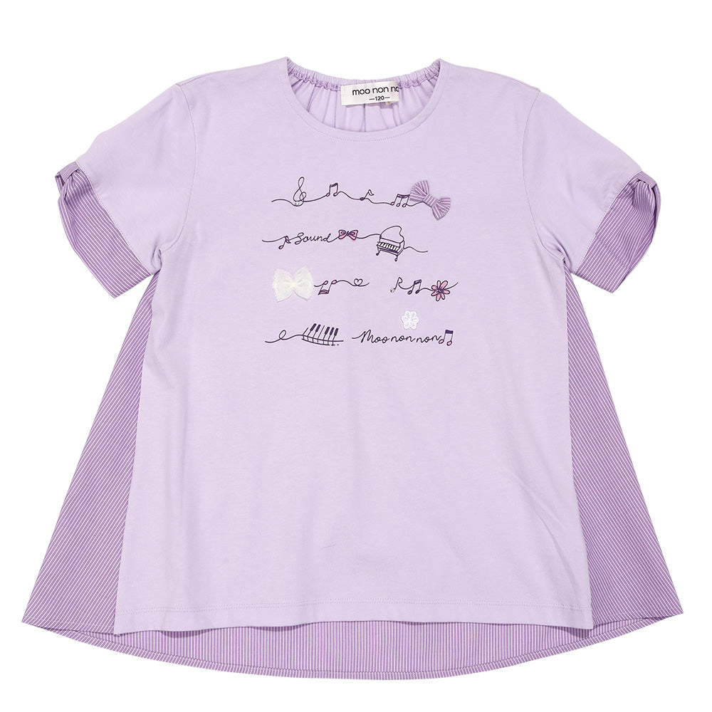 ピアノ＆音符プリント ストライプ切り替えTシャツ Purple front