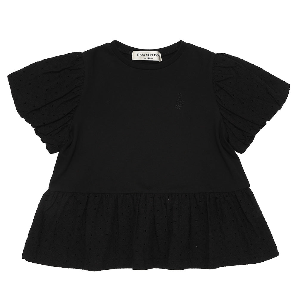 音符刺繍 花柄レース切り替えTシャツ Black front