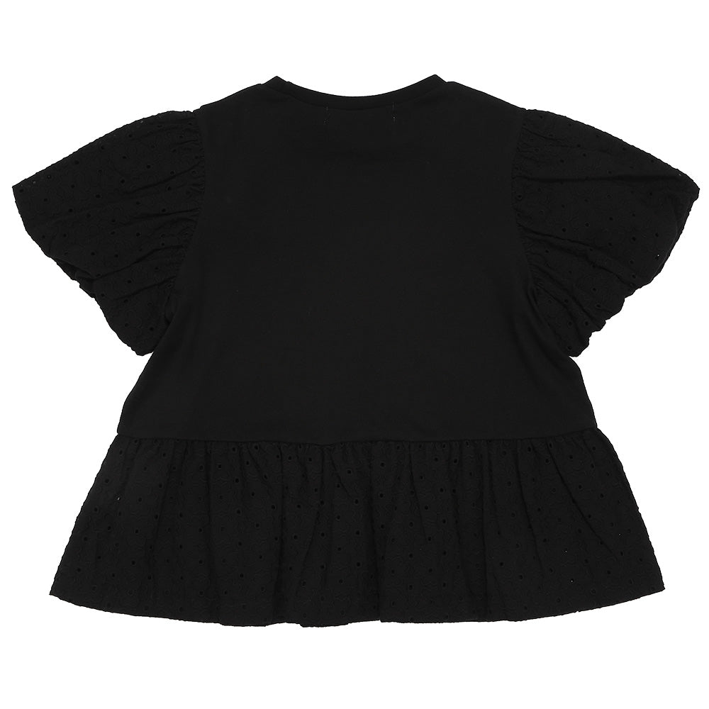 音符刺繍 花柄レース切り替えTシャツ Black back