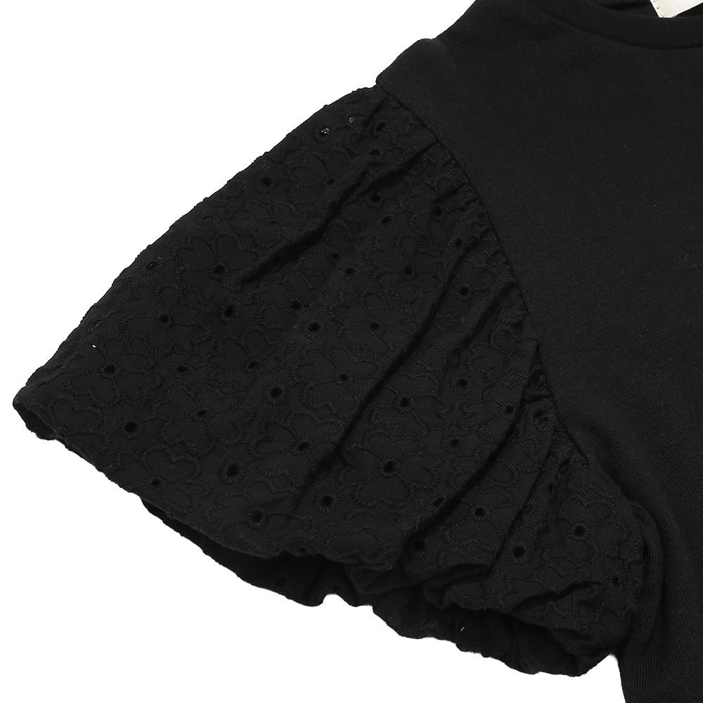 音符刺繍 花柄レース切り替えTシャツ Black Design point 1