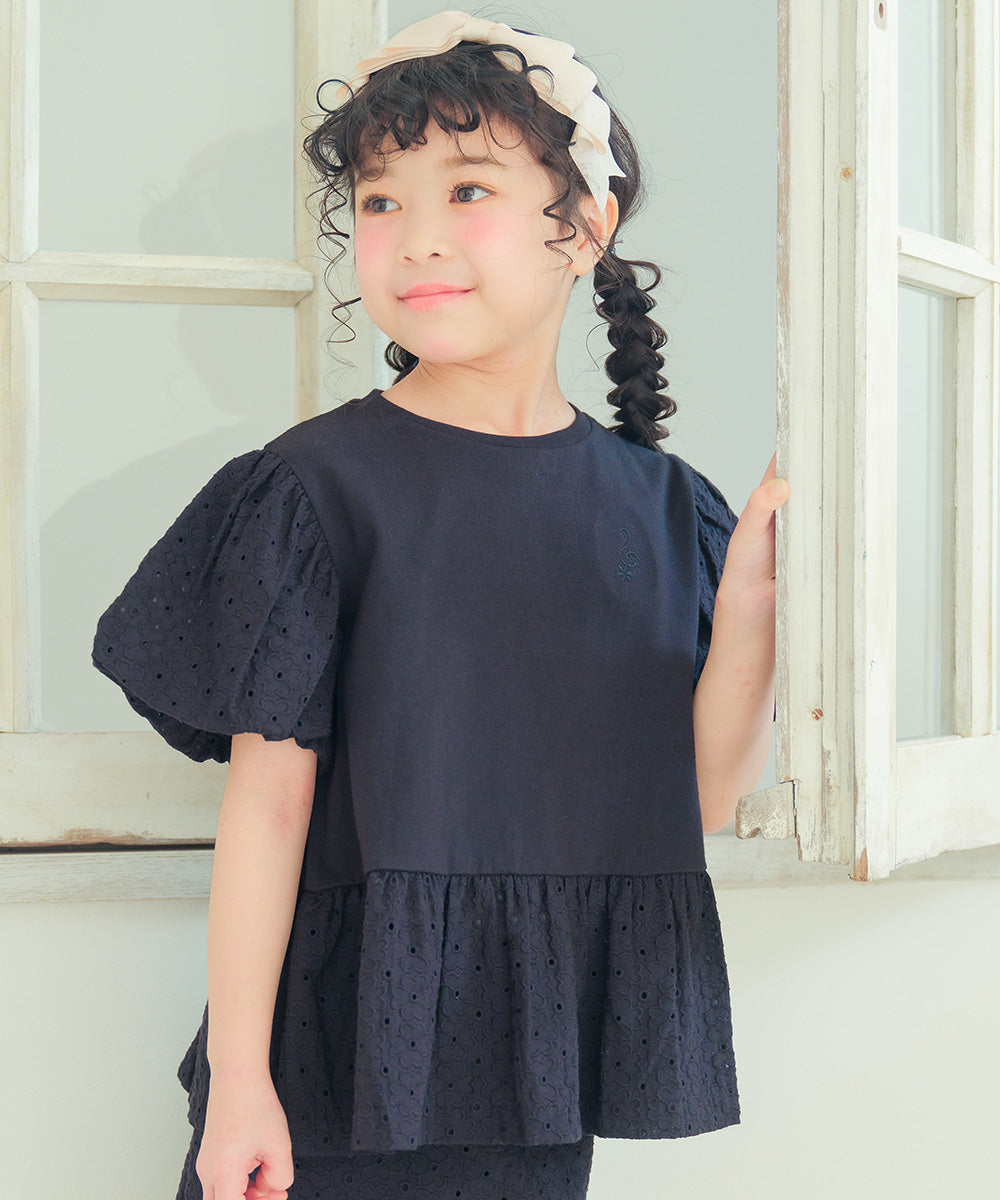 音符刺繍 花柄レース切り替えTシャツ Black model image up