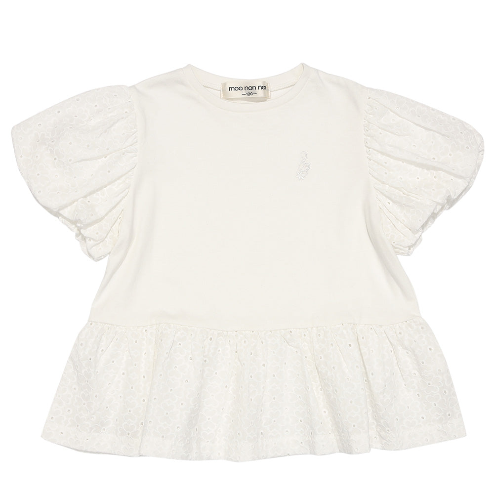 音符刺繍 花柄レース切り替えTシャツ Off White front