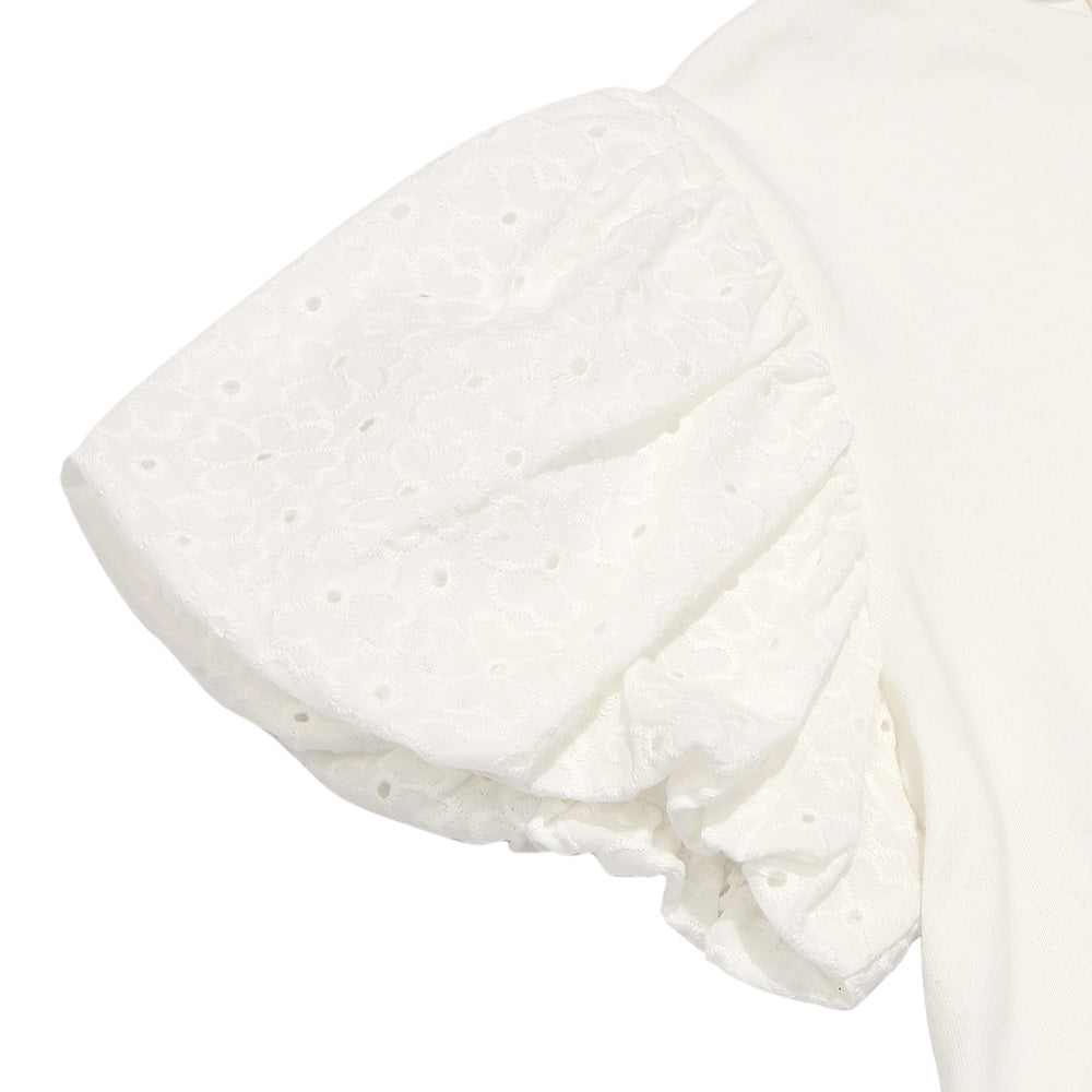 音符刺繍 花柄レース切り替えTシャツ Off White Design point 1