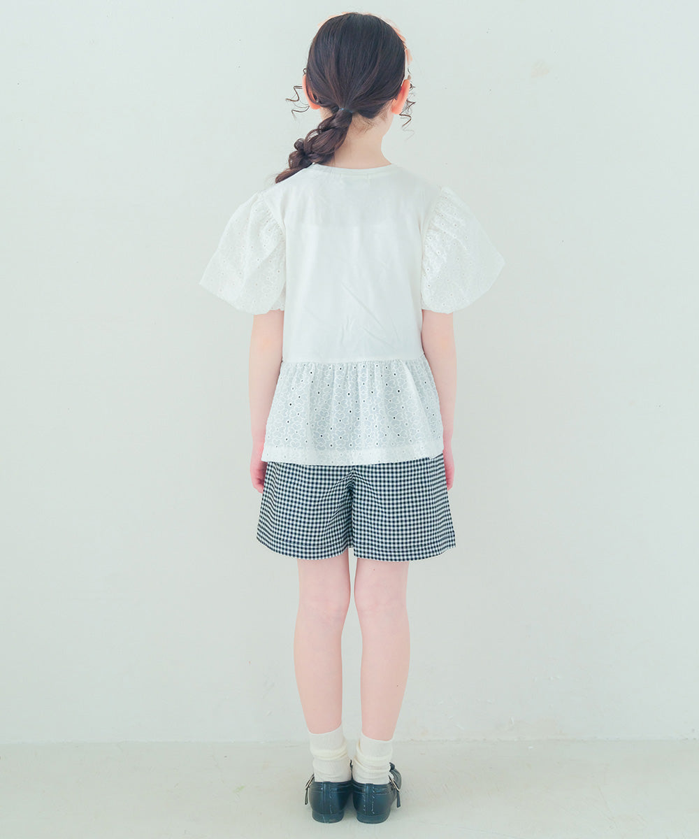 音符刺繍 花柄レース切り替えTシャツ Off White model image 3