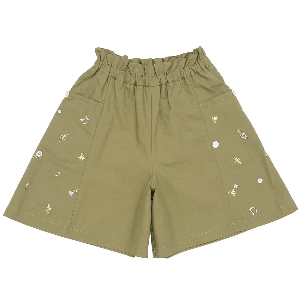 綿100％ 音符＆花刺繍 キュロットパンツ Khaki front