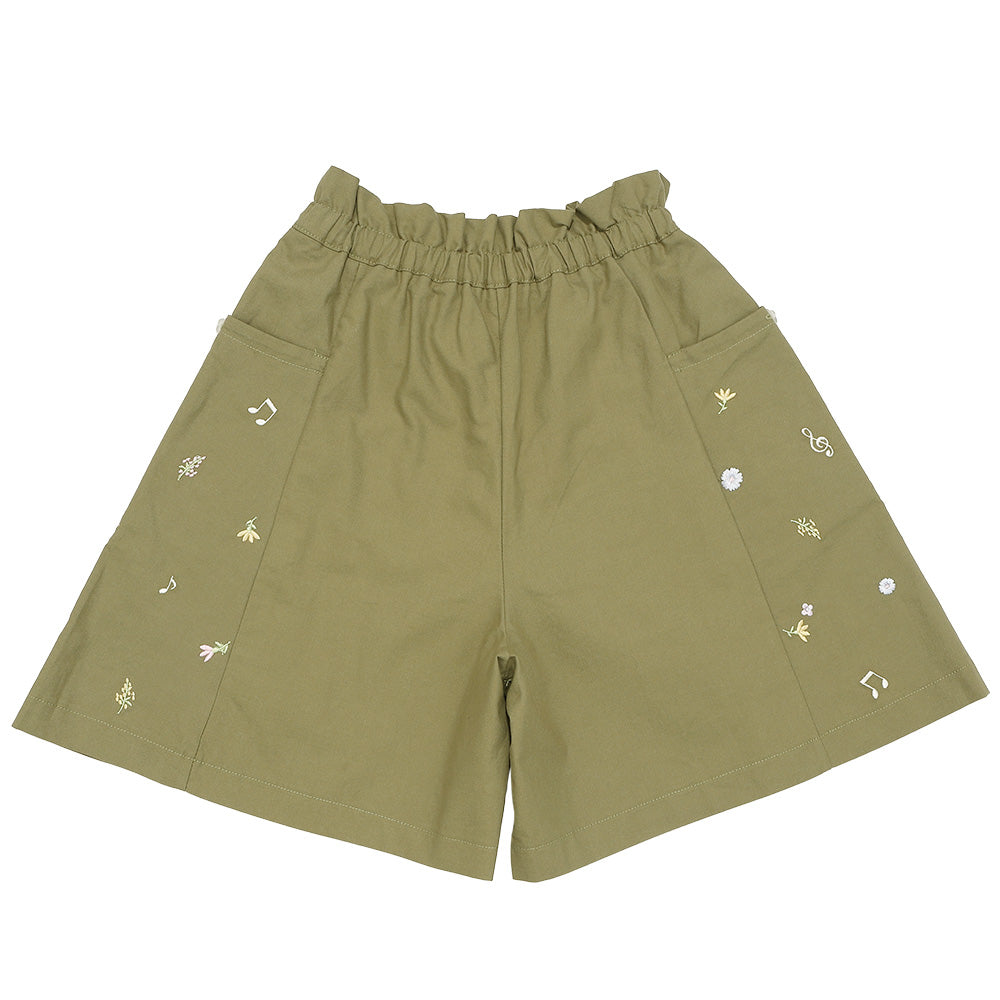 綿100％ 音符＆花刺繍 キュロットパンツ Khaki back