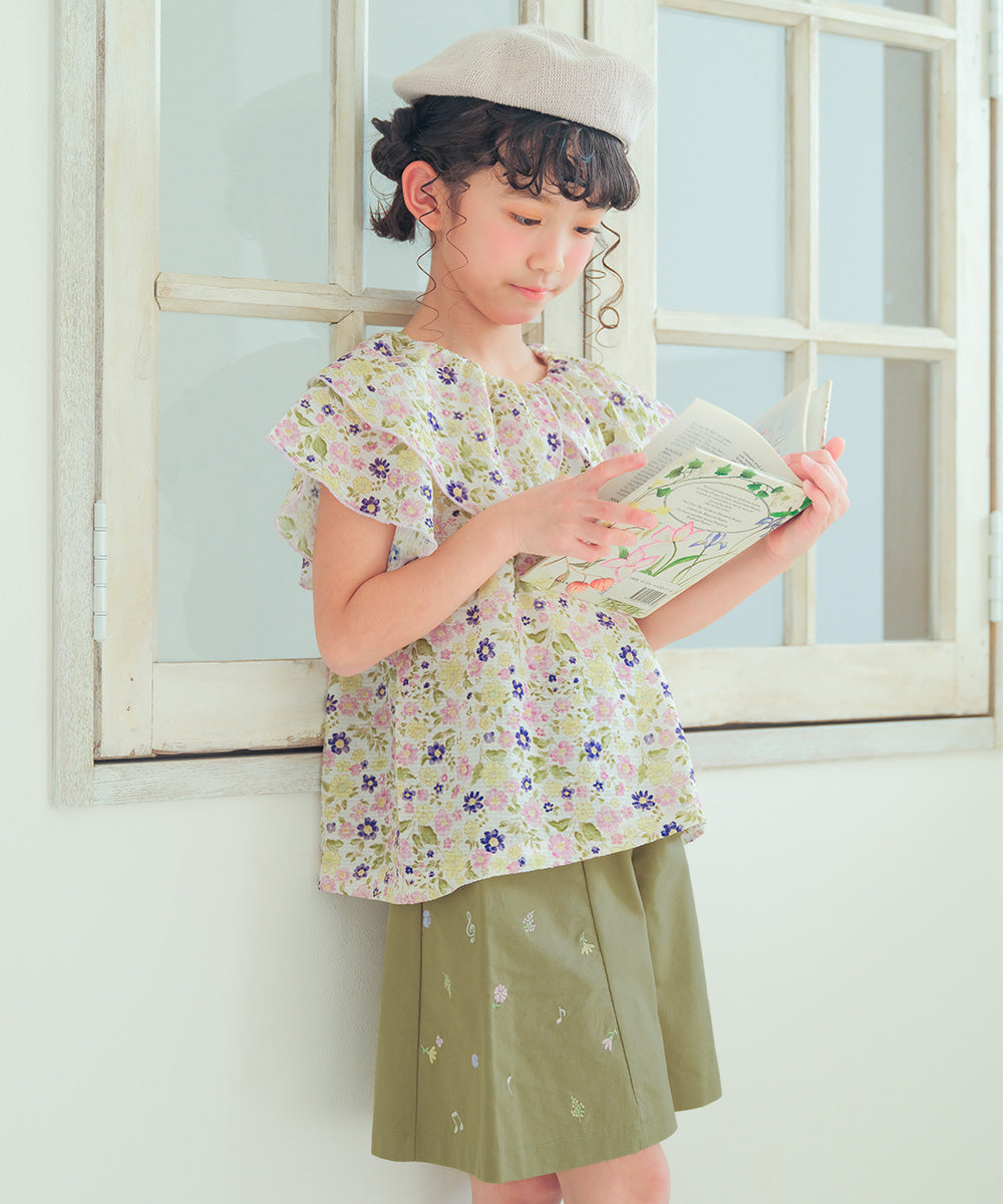 綿100％ 音符＆花刺繍 キュロットパンツ Khaki model image 1